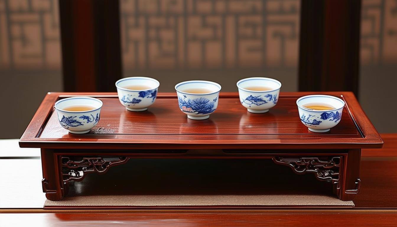 Qing Dynasty Style rectangle Mahogany Tea Table with Jingdezhen Tea Ware and 3 cups of tea on it, like some friends are enjoying Chinese wulong tea to Qing Dynasty Style rectangle Mahogany Tea Table with Jingdezhen Tea Ware and 3 cups of tea on it, like some friends are enjoying Chinese wulong tea to